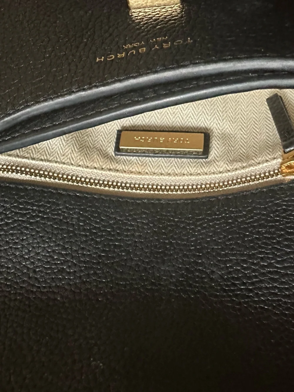 Tory Burch Black Pebbled Leather Shoulder Bag with Gold Logo